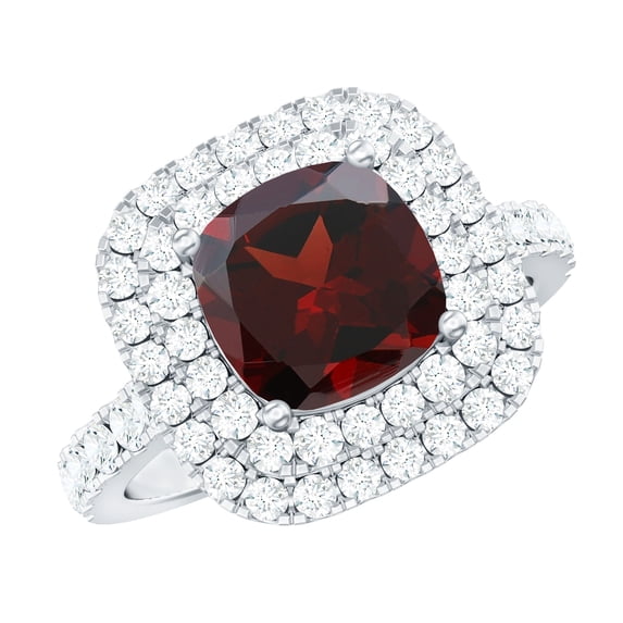 Rosec Jewels Natural Garnet Cushion Cut Engagement Ring with Halo - 8 mm - Vintage Style Ring for Women - AAA Quality, 14K White Gold, US 9.50