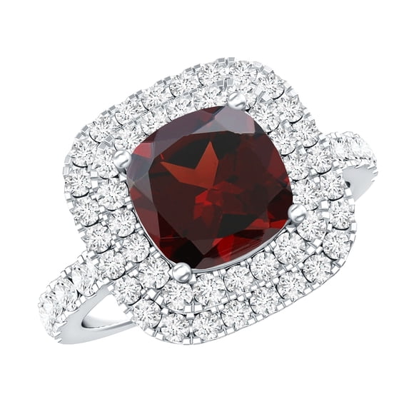 Rosec Jewels Natural Garnet Cushion Cut Engagement Ring with Moissanite Halo - 3 Carat - Vintage Style Ring for Women - AAA Grade, 18K White Gold, US 11.50