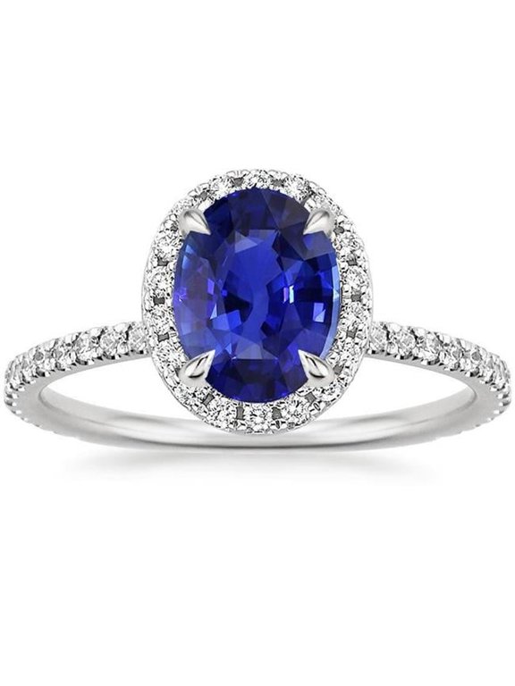 4 CT Oval Cut Ceylon Sapphire & Pave Set Diamonds Halo Ring, Size 6.5