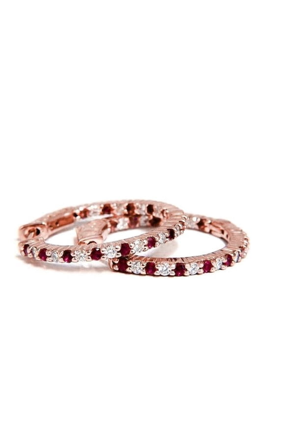 4 CT Red Round Cut Ruby Diamond Hoop Earrings, 14K Rose Gold