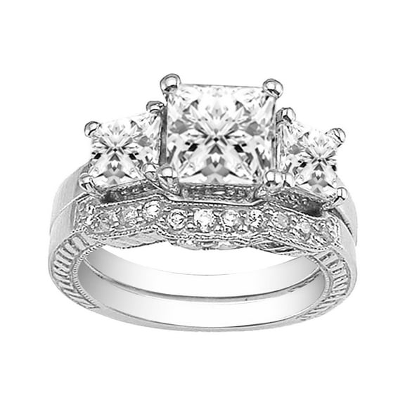 4 Ct Princess Cut Simulated Diamond 3-Stone Engagement Wedding Ring Set in 925 Sterling Silver