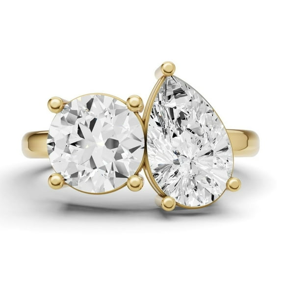 4 CTW Round and Pear Cut Lab-Grown Diamond Two-Stone Ring in 14K Yellow Gold, E-F Color, VS1-VS2 Clarity (Ring Size: 7.5)