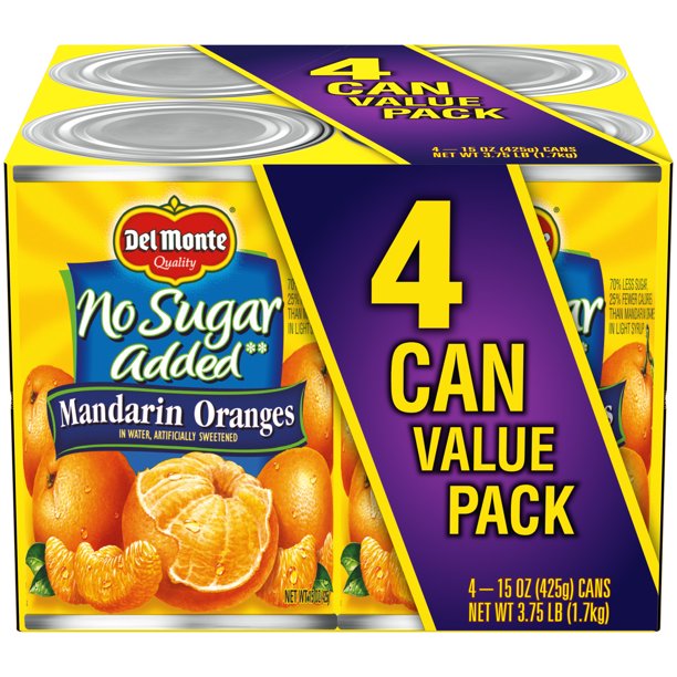 (4 Cans) Del Monte Canned Mandarin Oranges, No Sugar Added, Can, 15 oz