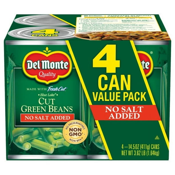 (4 Cans) Del Monte Green Beans No Salt Added, 14.5 oz Can