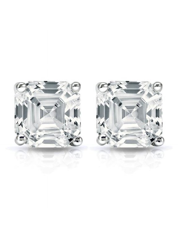 4 Carat Asscher Solitaire Diamond Stud Earrings | IGI Certified Lab Grown Diamond Stud | 14K White Gold | G - VS2 | Screw Backs