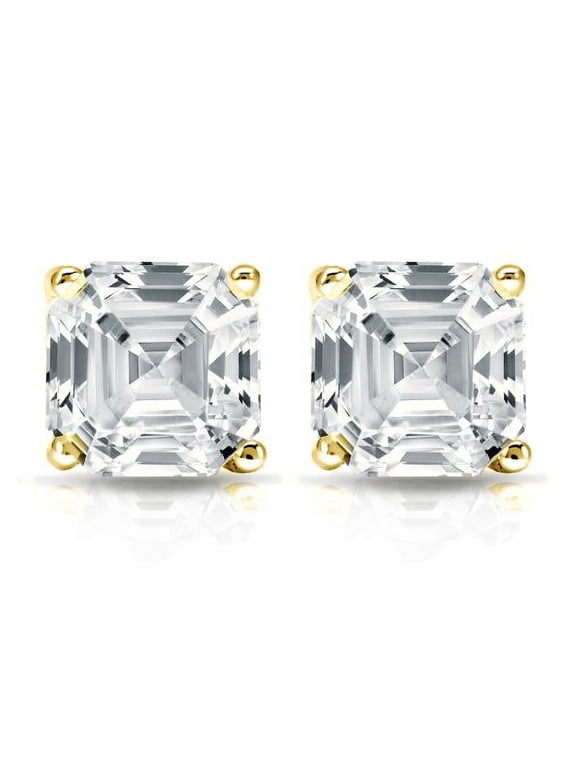 OMRE 4 Carat Asscher Solitaire Diamond Stud Earrings | IGI Certified Lab Grown Diamond Stud | 14K Yellow Gold | G - VS2 | Screw Backs For Women