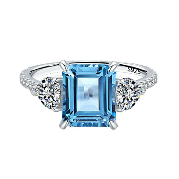 4 Carat Emerald Cut Engagement Rings for Women Simulated Blue Diamond Rings CZ Wedding Band Promise Rings for Her