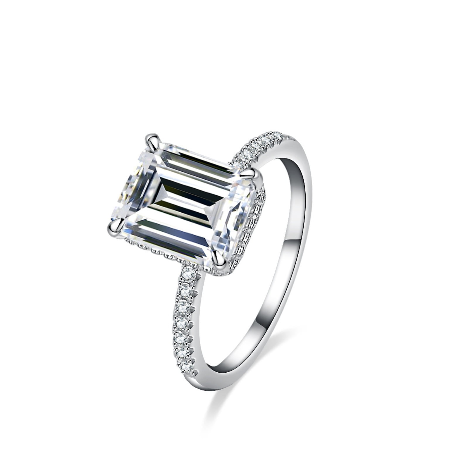 4 Carat Hidden Halo Engagement Ring Emerald Cut Moissanite Ring for Women D Color VVS1 Clarity Diamond Wedding Rings 925 Sterling Silver Rings for Anniversary Promise