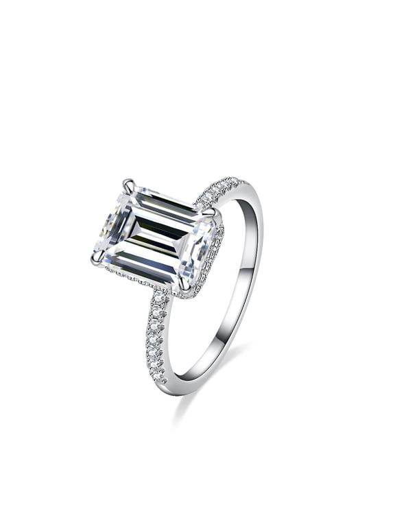 4 Carat Hidden Halo Engagement Ring Emerald Cut Moissanite Ring for Women D Color VVS1 Clarity Diamond Wedding Rings 925 Sterling Silver Rings for Anniversary Promise