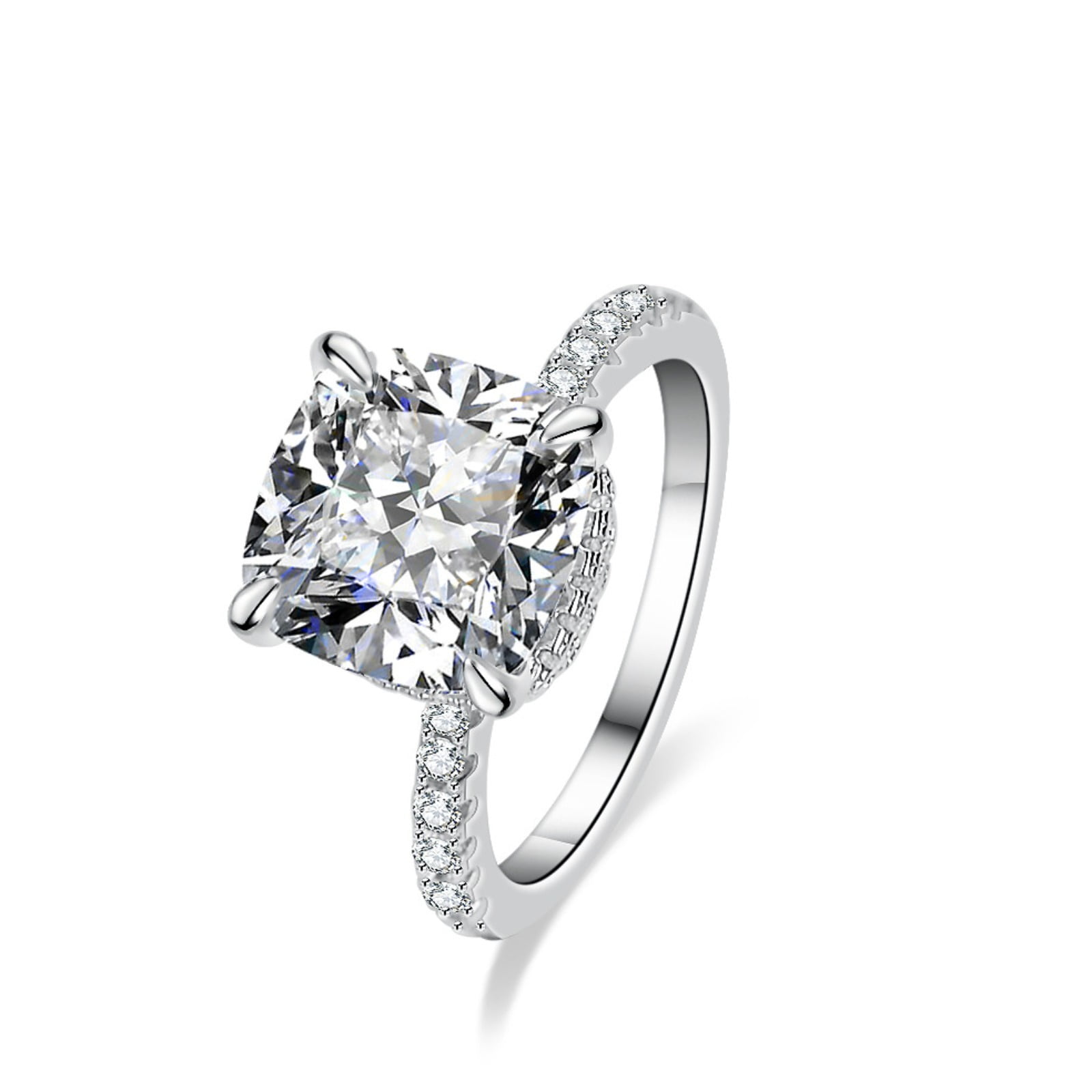 3.5 Carat Hidden Halo Moissanite Ring for Women Cushion Cut Engagement Ring D Color VVS1 4-Prong Wedding Diamond Rings Sterling Silver Women's Promise Rings