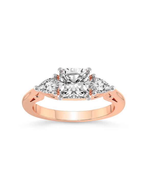 4 Carat IGI Certified Cushion Shape Lab Grown Diamond Engagement Ring | 14K Rose Gold | Leona Three stone Pear Shape side Diamond Ring | FG-VS1-VS2 Quality Friendly Diamonds