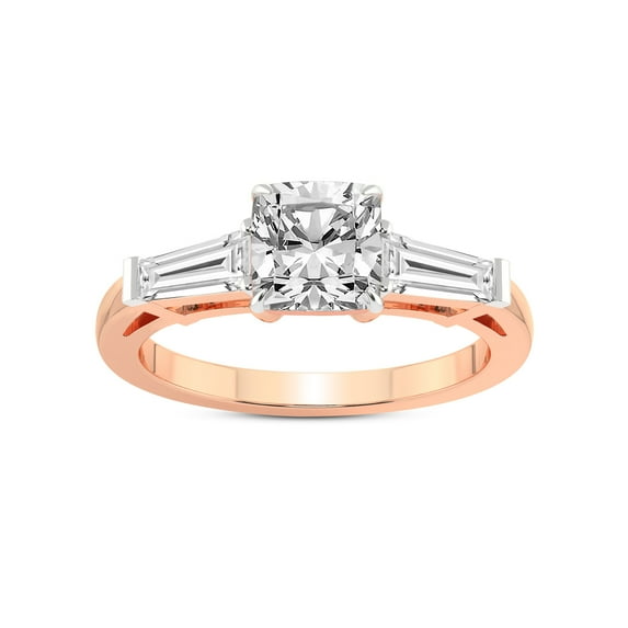4 Carat IGI Certified Cushion Shape Lab Grown Diamond Engagement Ring | 14K Rose Gold |adison Three Stone Side Baguette Diamond Ring | FG-VS1-VS2 Quality Friendly Diamonds
