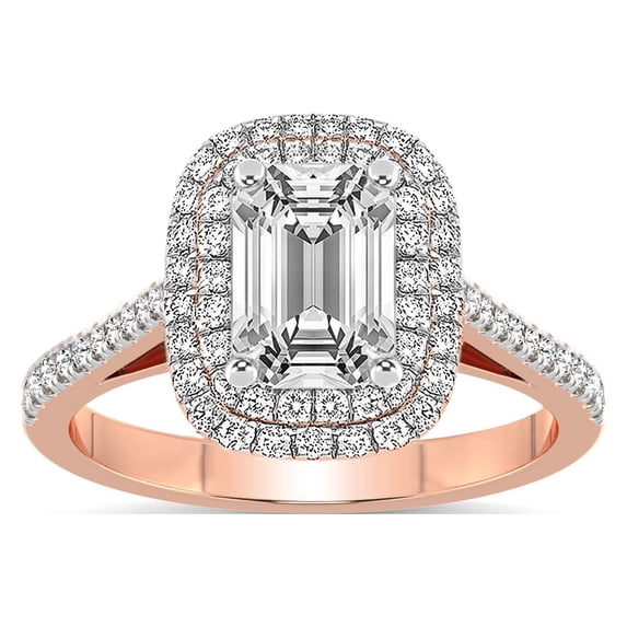 4 Carat IGI Certified Emerald Shape Lab Grown Diamond Engagement Ring | 14K Rose Gold |Arya Double Halo Diamond Ring | FG-VS1-VS2 Quality Friendly Diamonds