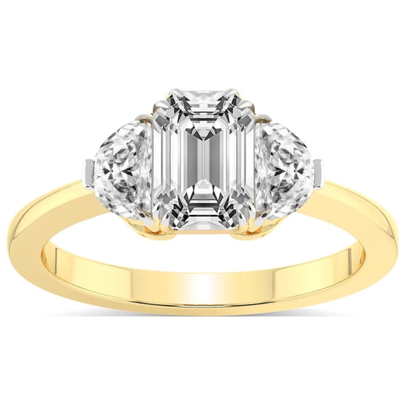 4 Carat IGI Certified Emerald Shape Lab Grown Diamond Engagement Ring | 14K Yellow Gold |Antonia Three Stone Half Moonset Diamond Ring | FG-VS1-VS2 Quality Friendly Diamonds
