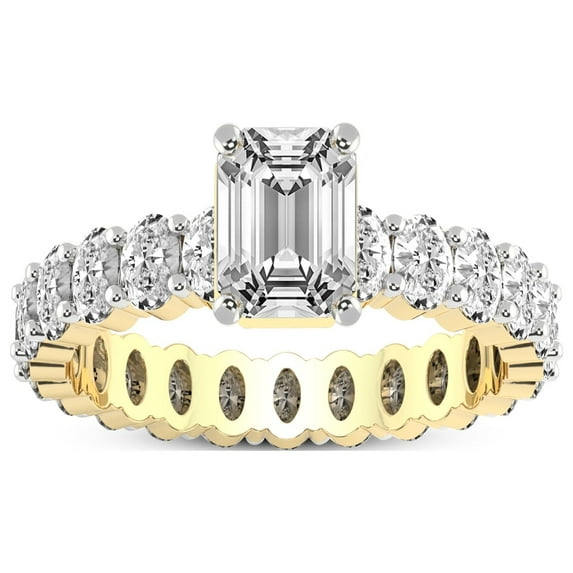 4 Carat IGI Certified Emerald Shape Lab Grown Diamond Engagement Ring | 14K Yellow Gold |Celeste Side Oval Diamond Eternity Diamond Ring | FG-VS1-VS2 Quality Friendly Diamonds