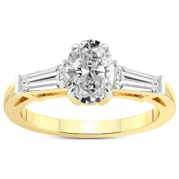 4 Carat IGI Certified Oval Shape Lab Grown Diamond Engagement Ring | 14K Yellow Gold |adison Three Stone Side Baguette Diamond Ring | FG-VS1-VS2 Quality Friendly Diamonds