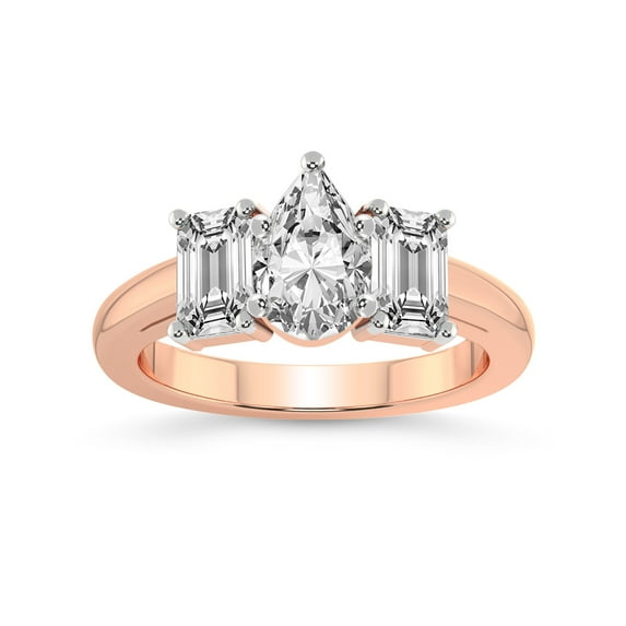 IGI Certified 4 Carat Pear Shape Lab Grown Diamond Engagement Ring | 14K Rose Gold | Lauren Three stone Emerald Shape Side Lab Diamond Ring | FG-VS1-VS2 Quality Friendly Diamonds