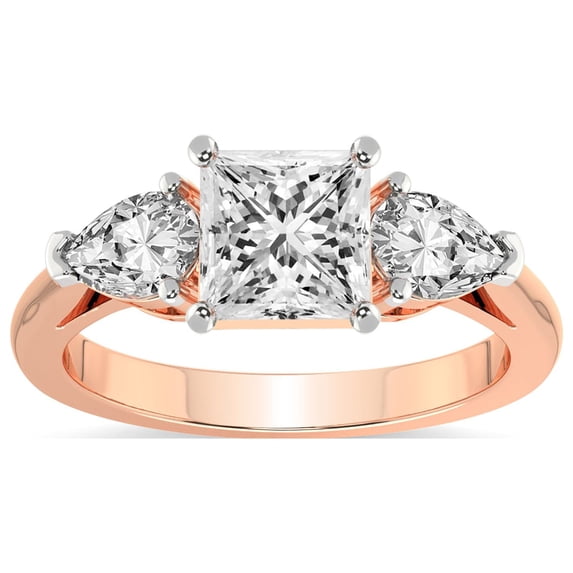 IGI Certified 4 Carat Princess Shape Lab Grown Diamond Engagement Ring | 14K Rose Gold | Della Three stone Pear Shape Side Lab Diamond Ring | FG-VS1-VS2 Quality Friendly Diamonds