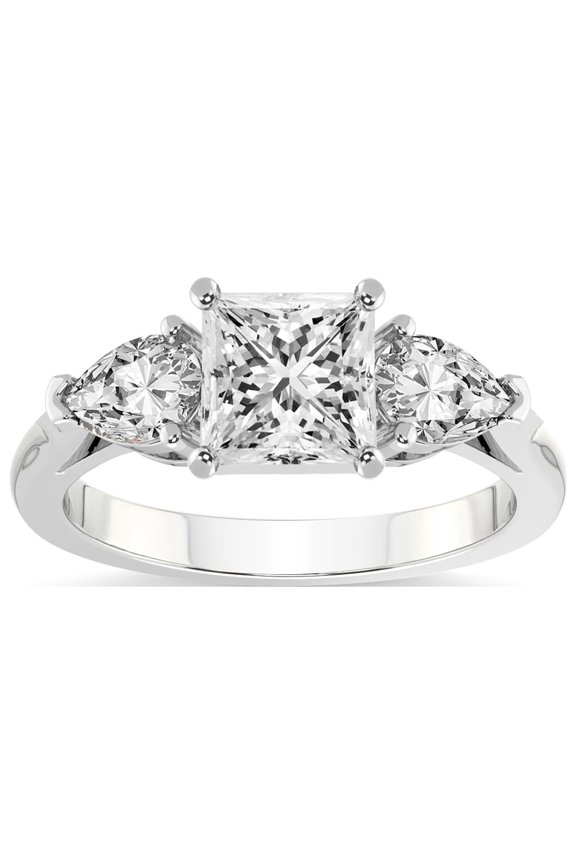 IGI Certified 4 Carat Princess Shape Lab Grown Diamond Engagement Ring | 14K White Gold | Della Three stone Pear Shape Side Lab Diamond Ring | FG-VS1-VS2 Quality Friendly Diamonds