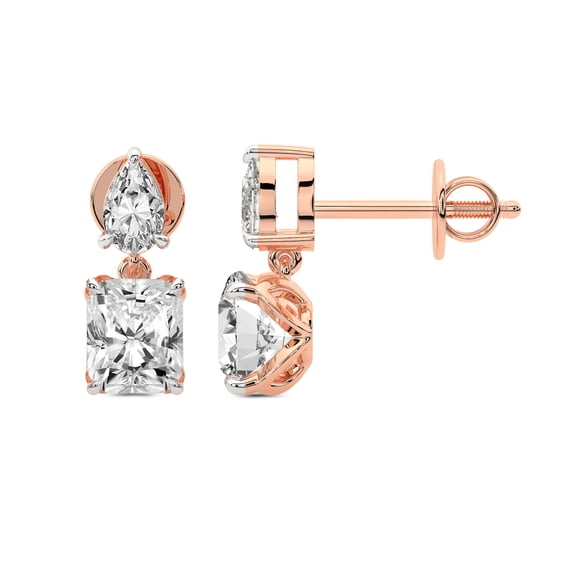 4 Carat IGI Certified Radiant Shape Lab Grown Diamond Earrings | 14K in Rose Gold | Seraphic Teardrop Dangling Lab Diamond Earrings | Prong Setting | FG-VS1-VS2 Quality Friendly Diamonds
