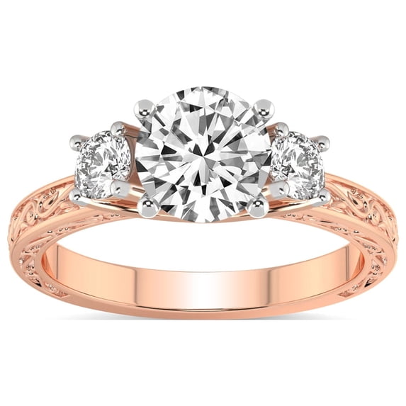 IGI Certified 4 Carat Round Shape Lab Grown Diamond Engagement Ring | 14K Rose Gold | Valencia Three Stone Vintage Diamond Ring | FG-VS1-VS2 Quality Friendly Diamonds