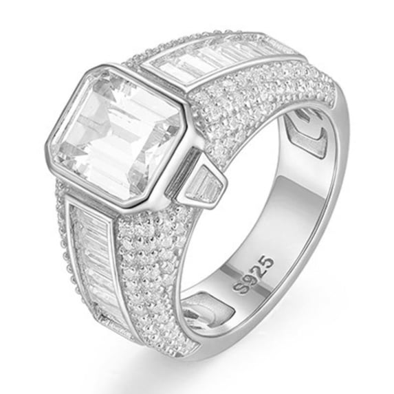 4 Carat Moissanite Ring Mens Engagement Rings Emerald Cut D Color VVS1 Clarity Lab Created Diamond Ring 925 Sterling Silver Promise Rings for Him Size 7-12
