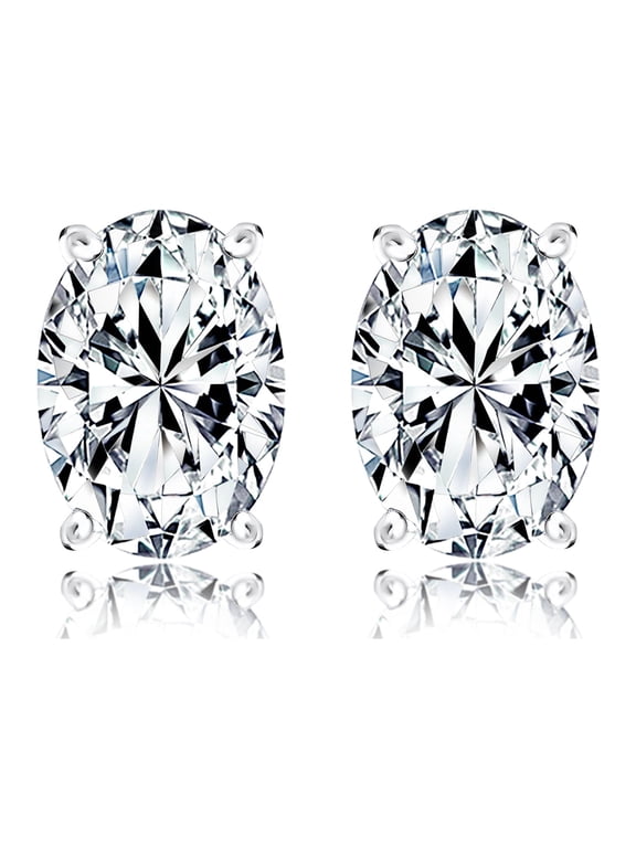 4 Carat Oval Cut Moissanite Solitaire Stud Earrings - 4 Prong - 14K White Gold Over Silver
