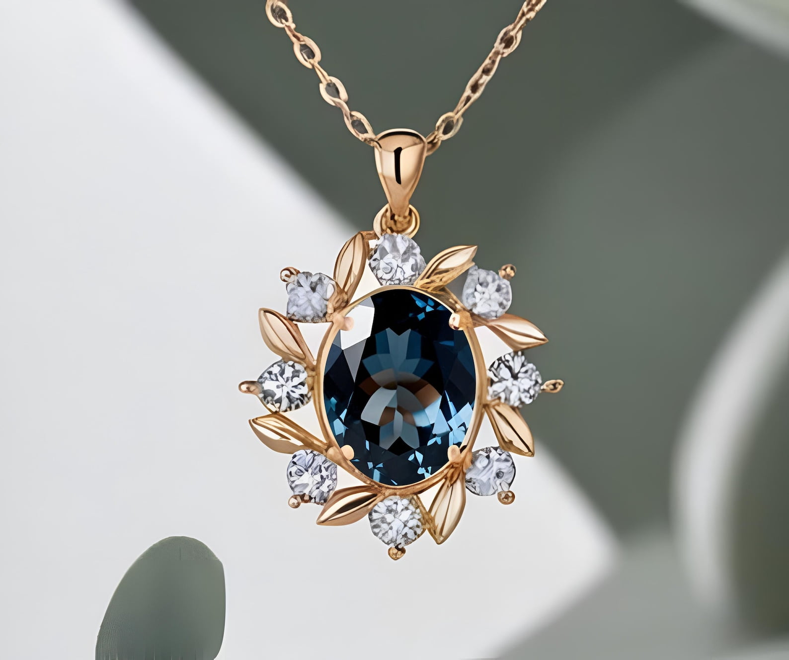 4 Carat Oval London Blue Topaz 925 Silver 14K Rose Gold Plated Necklace ...