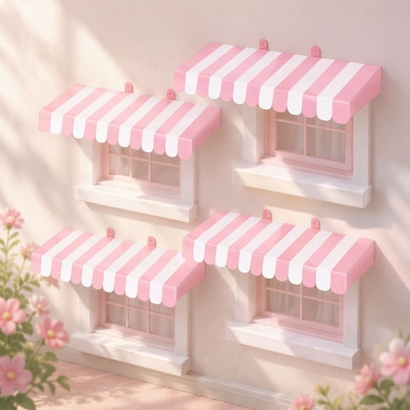 4 Cardboard Awning Decorations, Pink and White Striped Carnival Theme Party Decor for Bulletin Board, Lemonade Stand, Bakery, Ice Cream Truck, and Window Backdrop