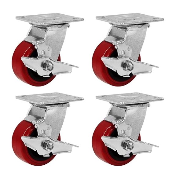 4" Caster Wheels Heavy Duty, Industrial Casters Set of 4 with Load 2400lbs Capacity, Polyurethane Tread on Polypropylene , Swivel Plate Casters for Toolbox Workbench (4 Brakes)