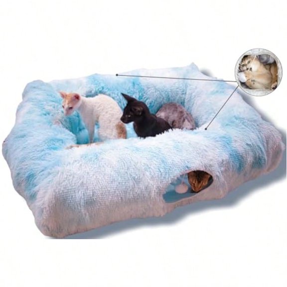 4 Cave Shuttled XL Cat Tunnel Bed For Indoor Cats Peekaboo Toy Donut With Warm Mat Azure Blue