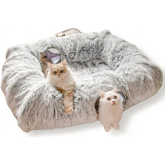 4 Cave Shuttled XL Cat Tunnel Bed for Indoor Cats Peekaboo Toy Donut with Warm Mat