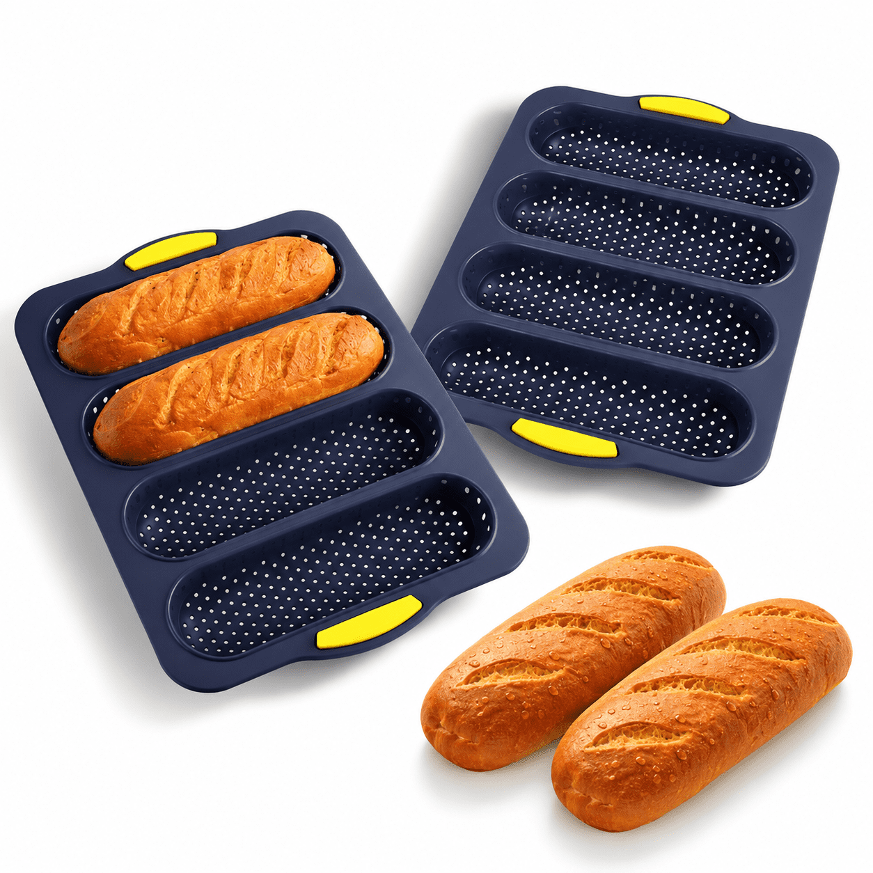 4-Cavity Baguette Bread Pan, Food-Grade Silicone Bakeware Set of 2 ...