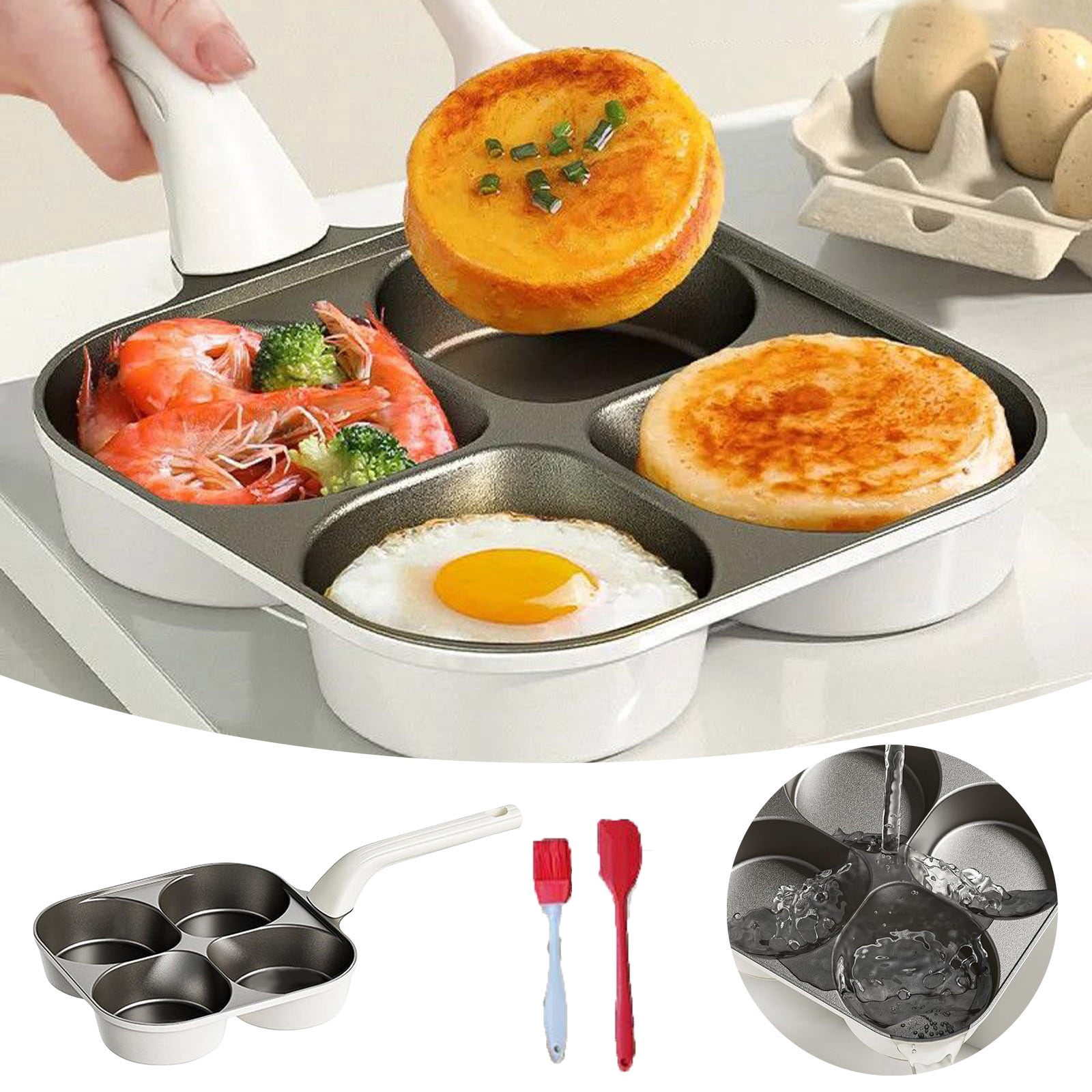 4 Cavity Non Stick Egg Frying Pan with Wooden Handle for Eggs Pancakes and Small Dishes Coating 34cm Overall Length Ideal for Kitchen Use