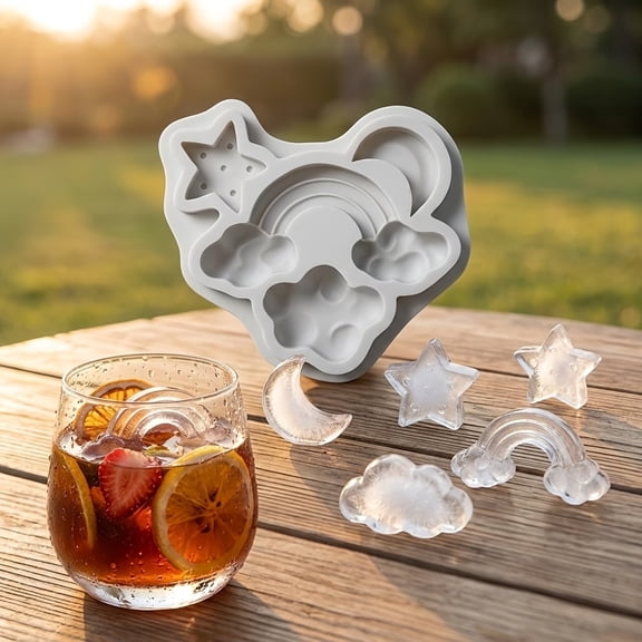 4-Cavity Rainbow Star Moon Cloud Silicone Mold - Reusable Easy-Release Ice Cube Tray for Fun Drinks and Desserts