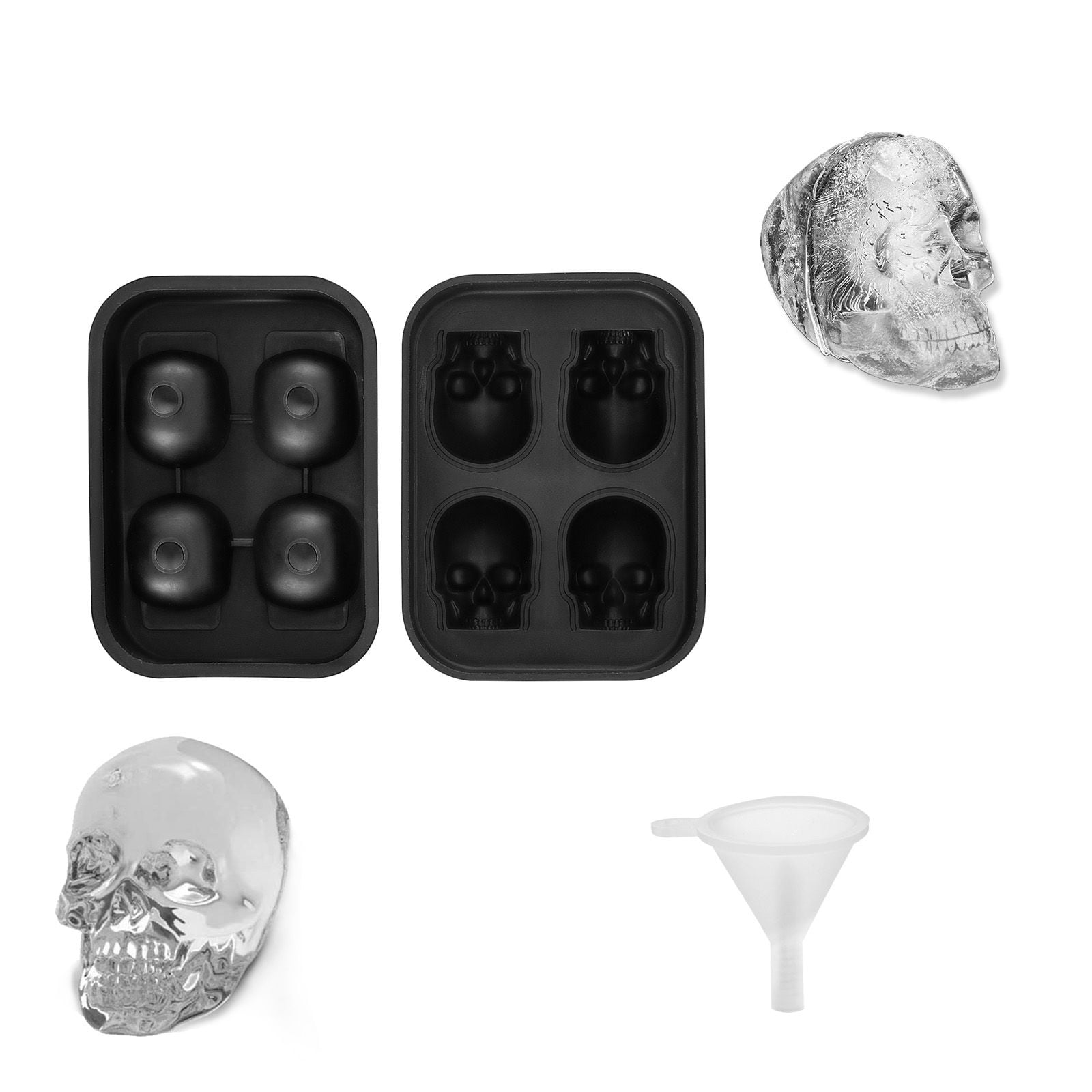 4-Cavity Skull Ice Cube Tray with Lid & Funnel, Flexible Silicone Mold for Cocktails & Parties – Makes 1.6" Funny Skull Ice Cubes