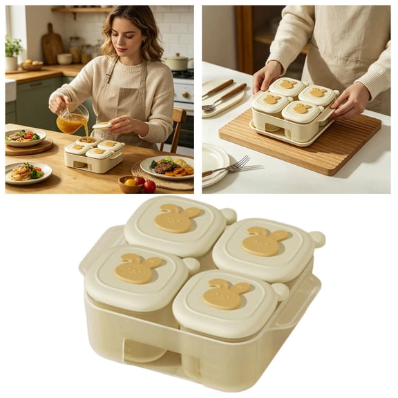 4 Cell Silicone Portion Freezer Containers With Lids & Organizer Tray Leakproof Small Food Storage Cups For Sauce Kitchen(Beige-13Cm)