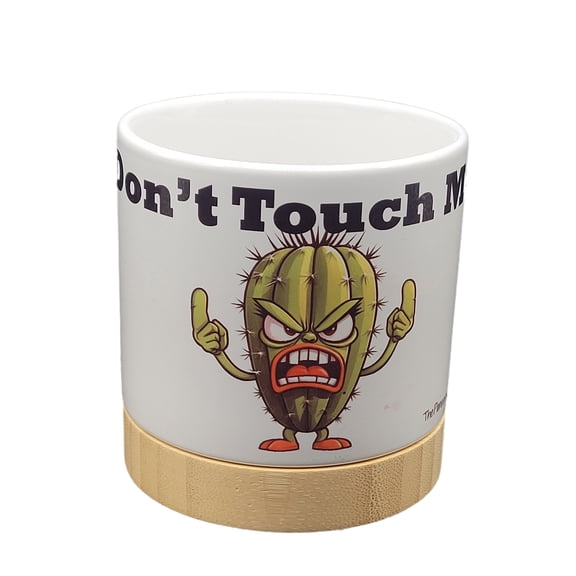 4" Ceramic Pot with Bamboo Base - "No Touchy" - Bouncer Cactus Design