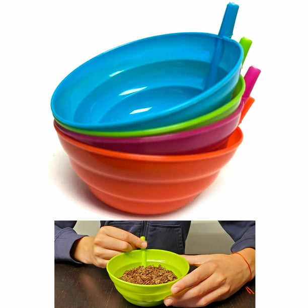 4 Cereal Bowls with Straws for Kids BPA Free Plastic Toddler Bowl Builtin Straw