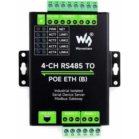 4-Ch RS485 to RJ45 Ethernet Serial Server, 4 Channels RS485 Independent Operation, Rail-Mount Industrial Isolated Serial Module, Modbus Gateway, PoE Ethernet Port
