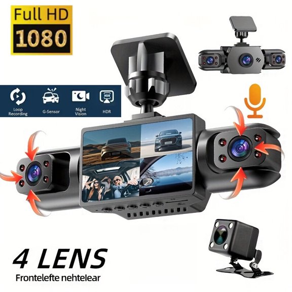 4-Channel 1080P Dash Cam Dual Lens, Front/Rear/Left/Right Full Coverage, 2" IPS Screen, Night Vision, G-Sensor Motion Detection, 24H Parking Monitor Loop Recording for Cars