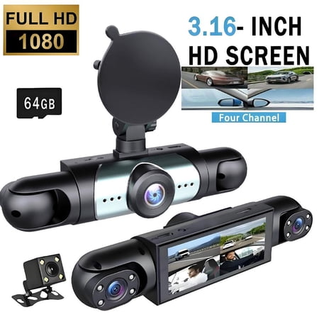 4-Channel 1080P Full HD Dash Cam, 4 Lens Front/Left/Right/Rear Loop Recording Car Recorder with 64G Card Included