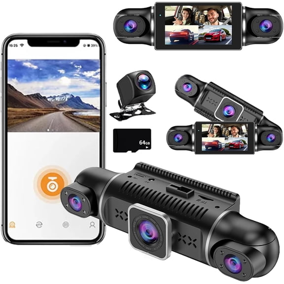4-Channel 1080p Car Recorder, 360° Dash Cam Front and Rear Inside, 4 Channel FHD 4 * 1080p, Wi-Fi GPS & App Control Car Camera, G-Sensor, 24h Parking Mode (4-Channel WiFi Recorder, 64GB)
