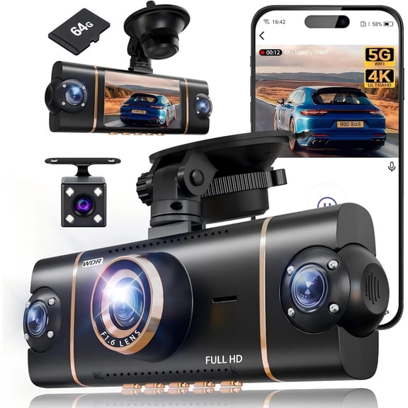 4 Channel 360 Dash Cam Front Rear Inside and Left Right, 4K+1080P*3 FHD Car Camera, 5GHz WiFi and App Control, 24H Parking Mode, 8 IR Lamps Night Vision, Includes 64GB SD Card, Black