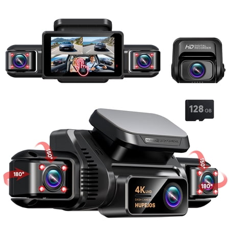 4 Channel 360° Dash Cam Front Rear Inside and Left Right, 4K+1080P*3 FHD Car Camera, 5GHz WiFi and App Control, 24H Parking Mode, 8 IR Lamps Night Vision, Includes 64GB SD Card