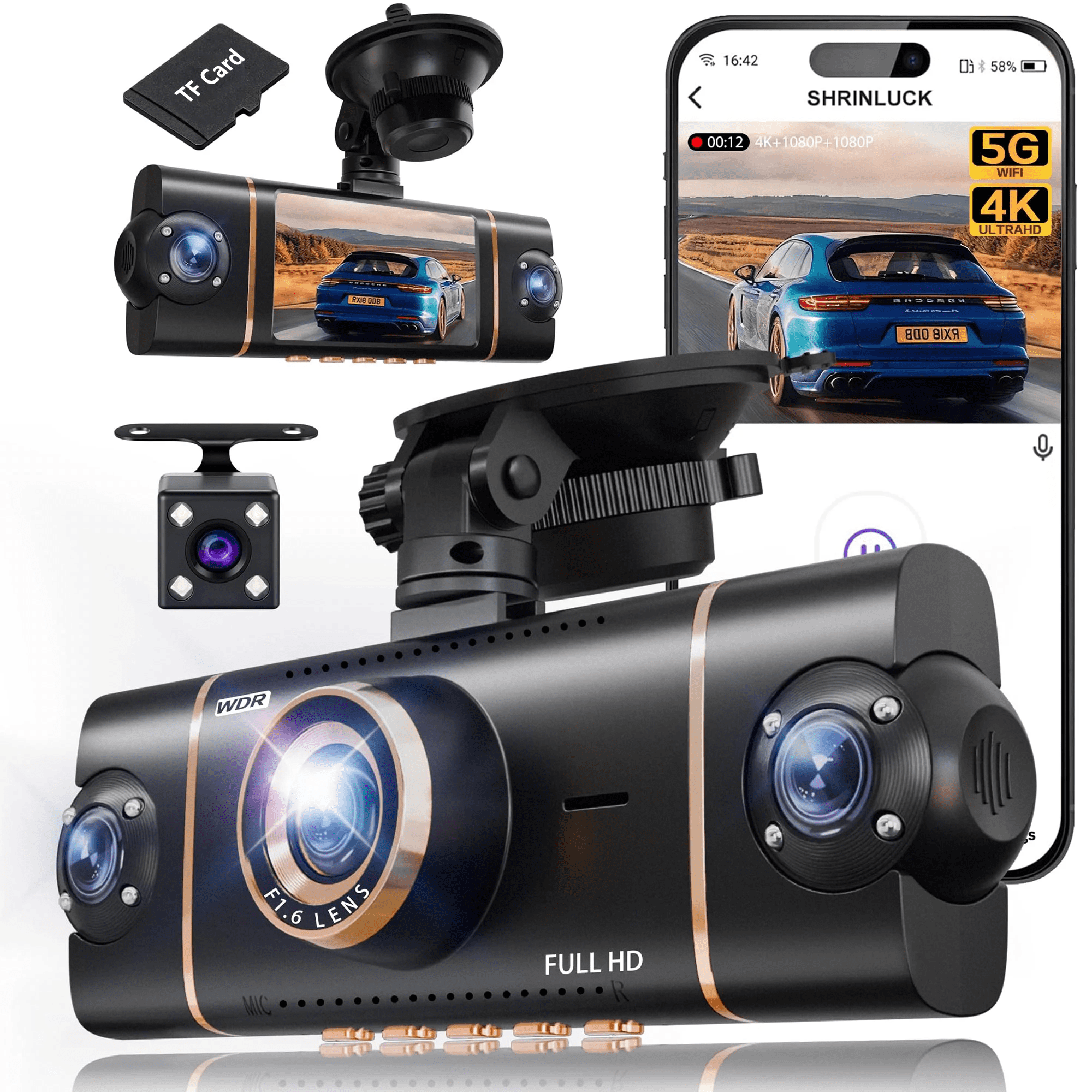 4 Channel 360° Dash Cam Front Rear Inside Left Right, 4K+1080P×3 FHD Car Camera with 8 IR Night Vision, 5GHz WiFi & App Control, 24H Parking Mode, G-Sensor, Loop Recording, 32GB SD Card Included