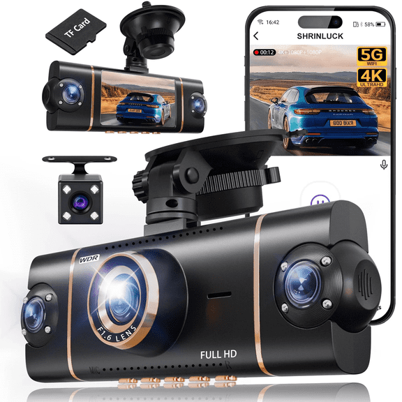 4 Channel 360° Dash Cam Front Rear Inside Left Right, 4K+1080P×3 FHD Car Camera with 8 IR Night Vision, 5GHz WiFi & App Control, 24H Parking Mode, G-Sensor, Loop Recording, 32GB SD Card Included