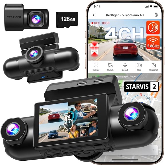4 Channel 360 View Dash Cam, Dual STARVIS 2, 2.5K*2+1080P*2 Dashcam Front and Rear Inside Left Right, 5.8GHz WiFi, 8 IR Lights Night Vision, 4 Adjustable Lenses, Included 128GB Card (VP40)