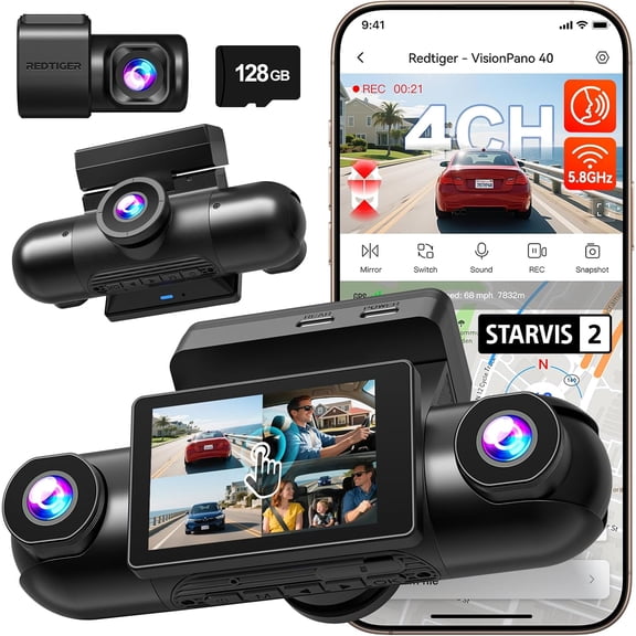 4 Channel 360 View Dash Cam, Dual STARVIS 2, 2.5K*2+1080P*2 Dashcam Front and Rear Inside Left Right, 5.8GHz WiFi, 8 IR Lights Night Vision, Adjustable Lenses, Included 128GB Card (VP40)