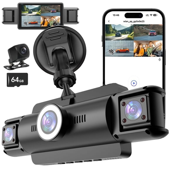 4 Channel 4K WiFi Dash Cam Front and Rear Inside, 360 View 1080P Left Right Rear Dash Camera for Cars,Super Night Vision,G-Sensor,WDR,Parking Mode,Dashcam Car Security Video Recorder,with 64GB Card